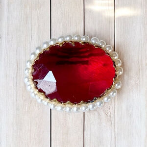 Vintage West Germany Red Faceted Garnet Glass Cabochon Brooch with Pearls
